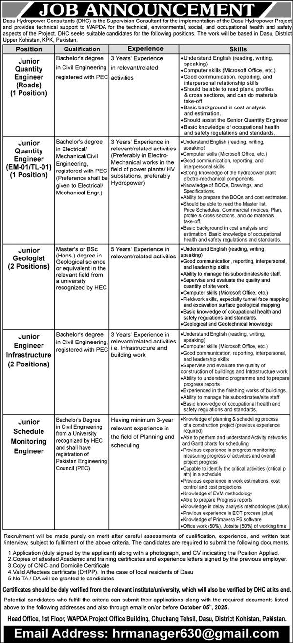 Latest Government Jobs in Pakistan – Dasu Hydropower Consultants Opportunities 2025
